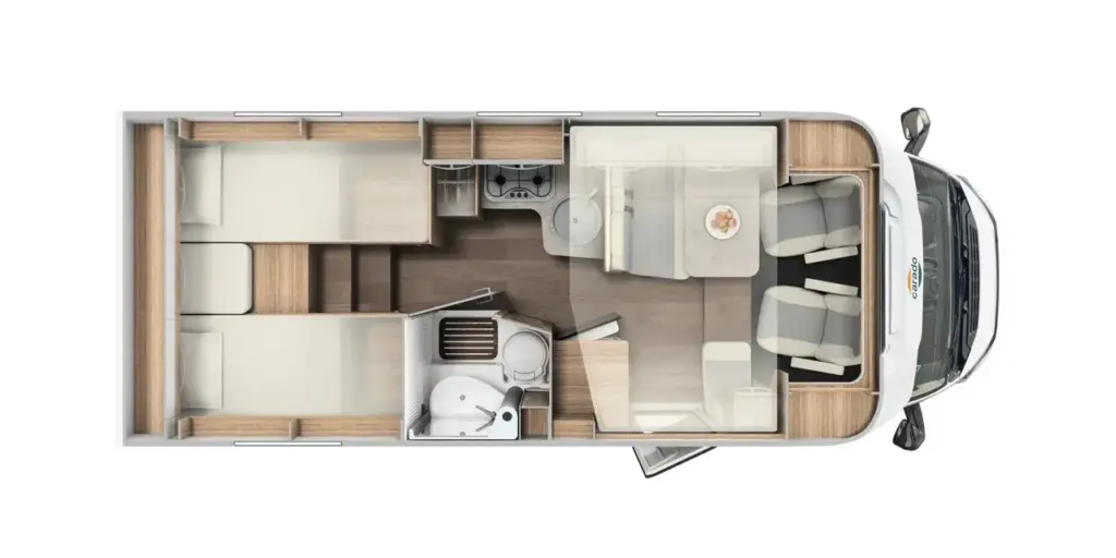 Autocaravana Carado T338 de alquiler: plano de distribución